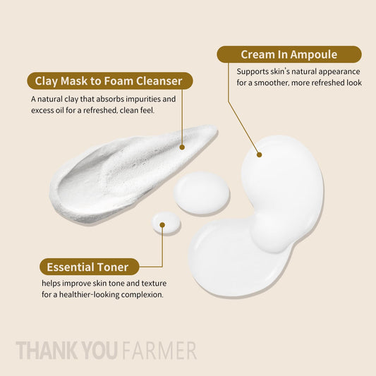 THANKYOU FARMER Rice Pure Glow Travel Kit, Mini Size Cleanser(1.05 fl oz), Mini Size Toner(1.05 fl oz), Mini Size Ampoule(0.35 fl oz)
