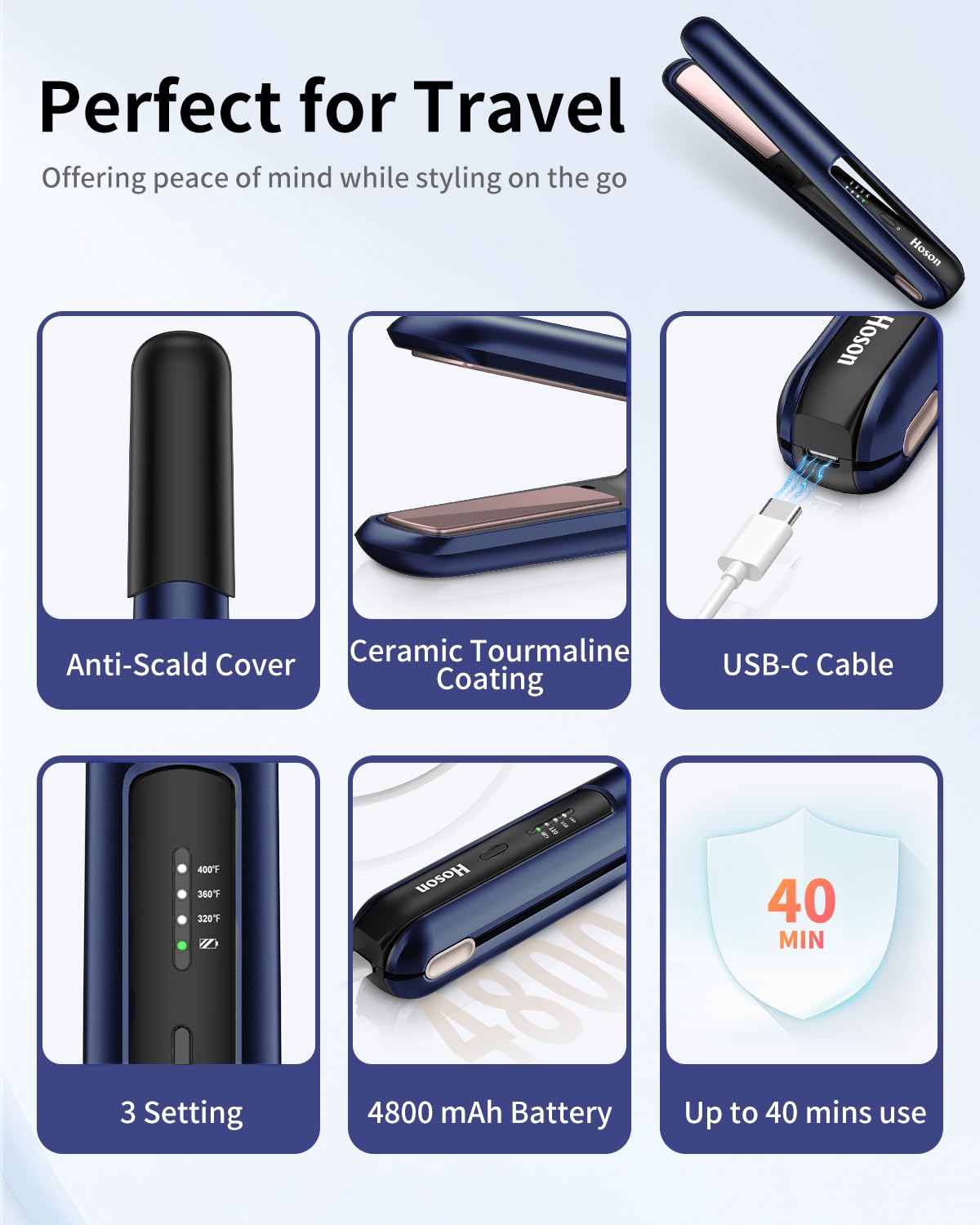 Hoson Cordless Hair Straightener,Portable Mini Flat Iron Travel for Bangs,Short Hair, Rechargeable Curling Iron and Curler 2 in 1,Blue,for Touch Ups