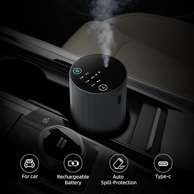 Waterless Essential Oil Diffuser Aromatherapy Scent Diffusers for Home Large Room, Bedroom, Car, Office, Desk, Battery Operated Mini Portable Air Freshener (Grey)