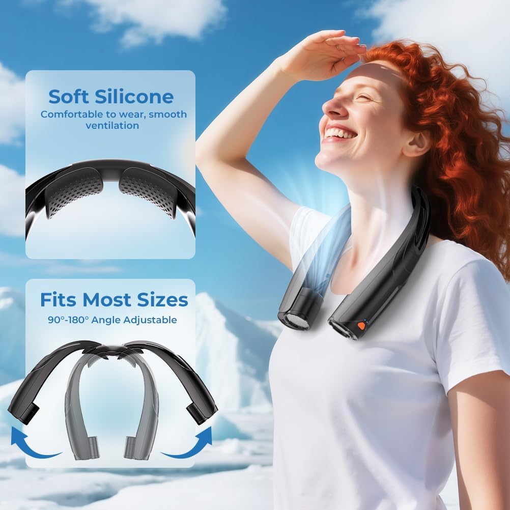 VOSFEEL Outdoor Neck Fan 8000RPM Hurricane Wind, Portable Personal Fan Rechargeable, Proven Battery 20Hrs, 6 Adjustable Cooling Speeds, 360° Airflow, Hands-Free Wearable Fan for Camping Travel, Black