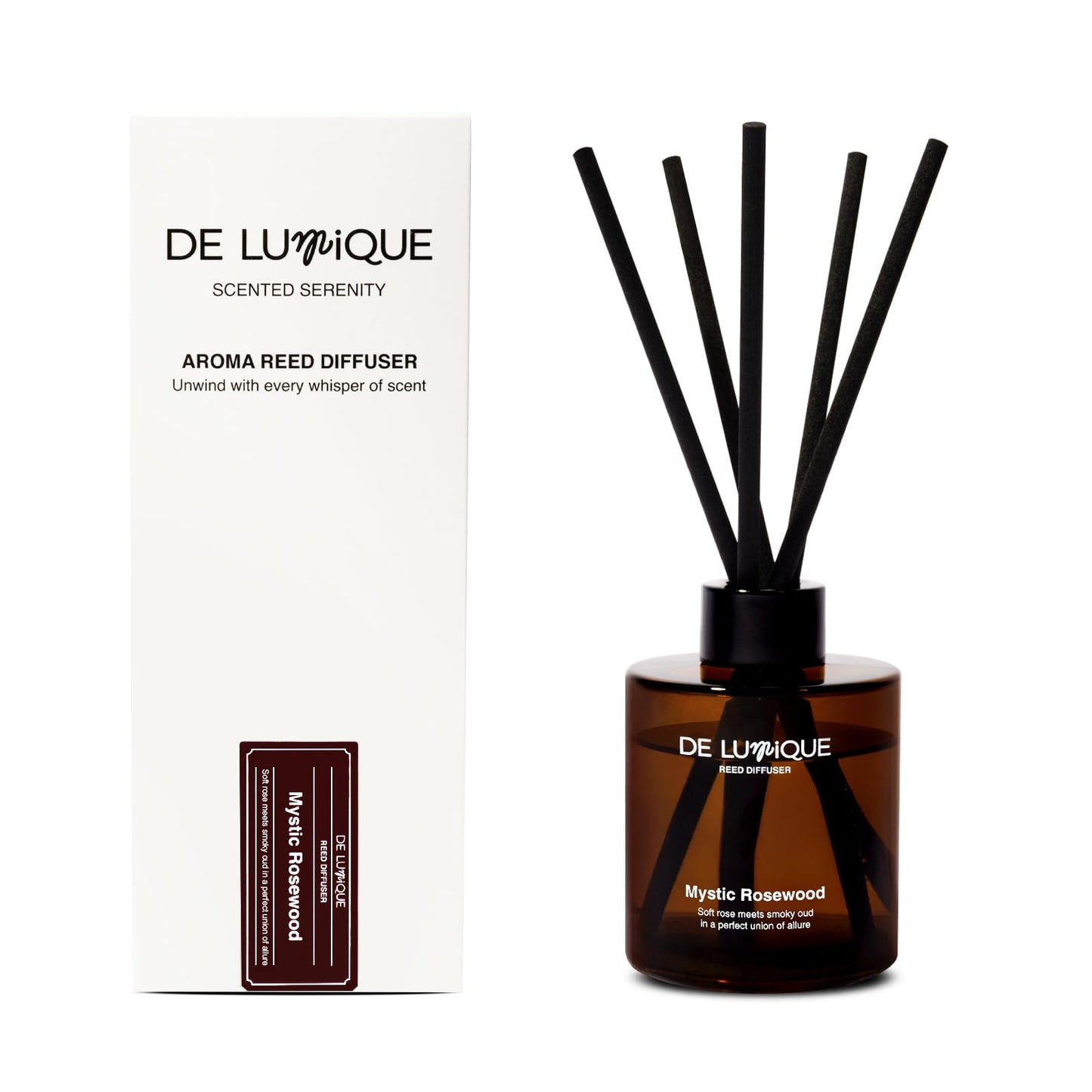 De Lumique Mystic Rosewood Reed Diffuser for Bathroom – Bathroom Diffuser with Sticks – Long-Lasting Scent with Oud, Damask Rose & Saffron Home Fragrance Decor – 150ml