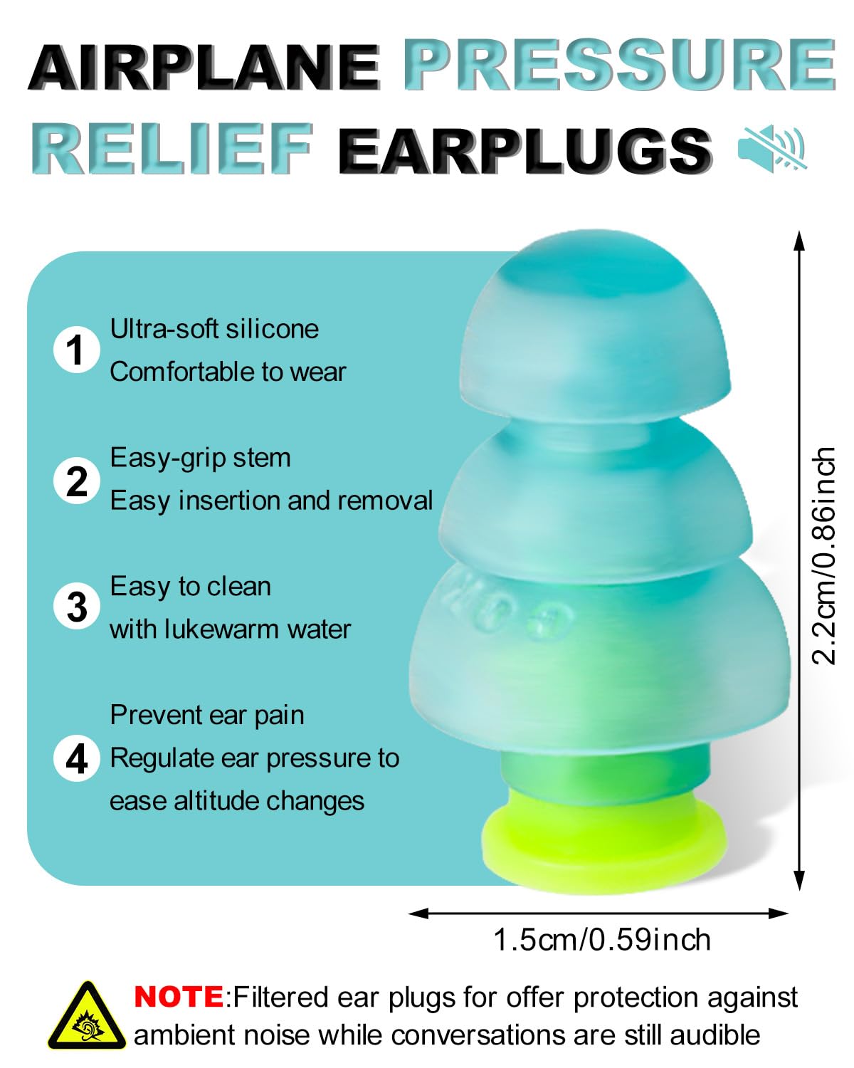 Airplane Ear Plugs Pressure Relief - Painless Flying - Noise Reduction Travel Earplugs - Plane Travel Essentials - Comfortable Reusable Filtered Flight Ear Plugs for Adults