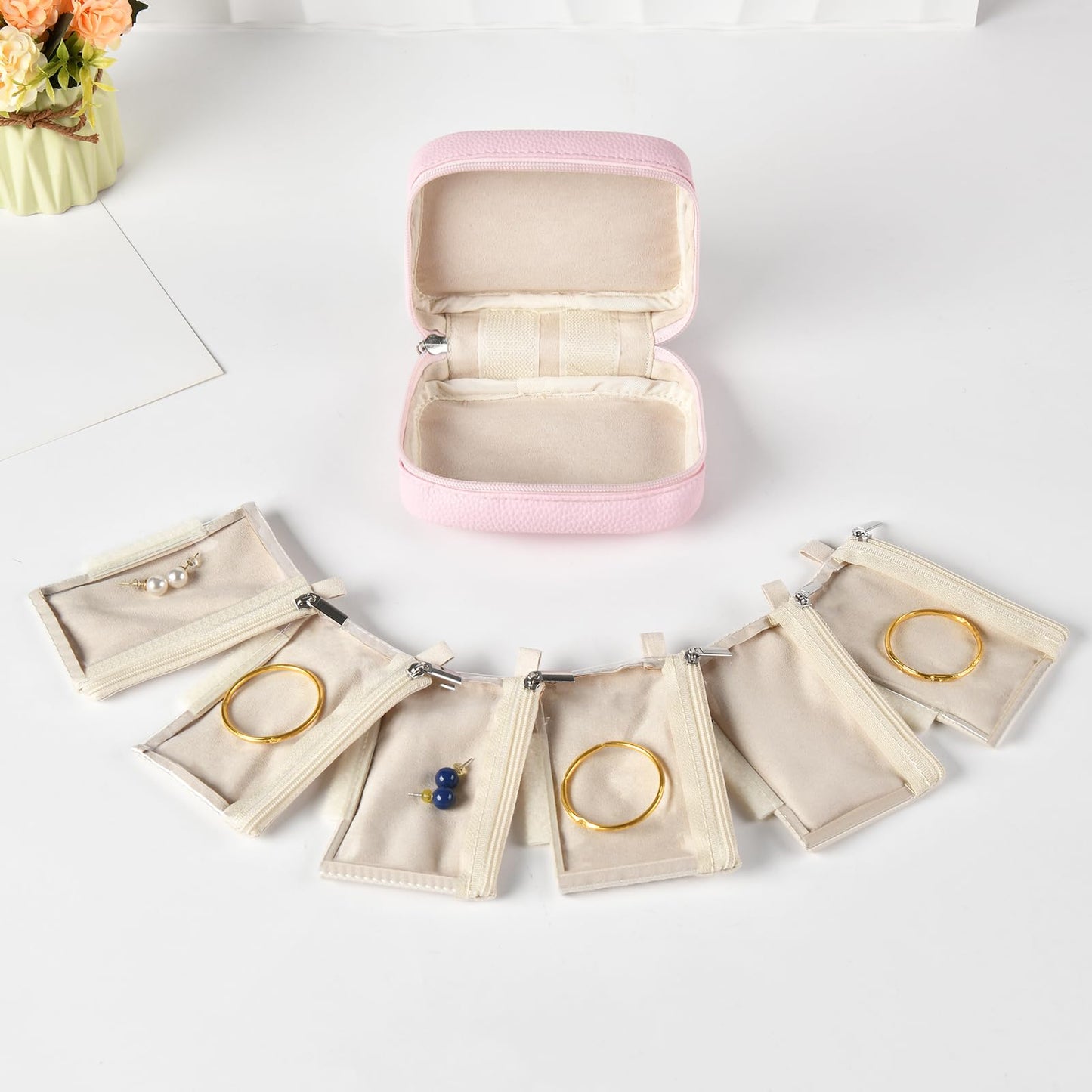 Portable Jewelry Case, Small Travel Jewelry Storage Bag with 6 Velvet Zipper Pockets, Jewerly Organizer Case for Earrings, Rings, Bracelets – Birthday or Graduation Gift for Women Girls