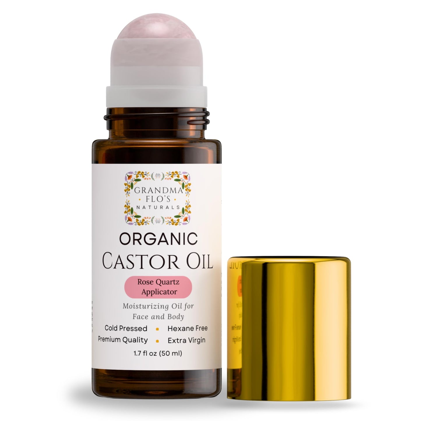 Grandma Flo's Naturals Organic Castor Oil with Rose Quartz Roll On For Face and Body - Glass Bottle, Cold Pressed, Hexane Free, Unrefined - Stimulate Hair Growth, Moisturize Skin (50ml)