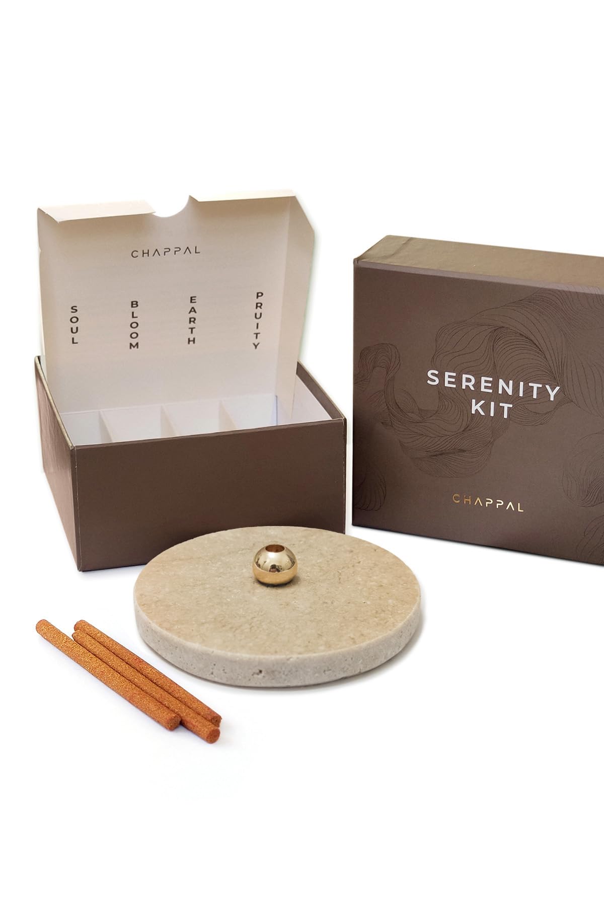 Chappal Serenity Stick Incense Kit – 100% Natural Plant-Based Aromatherapy with 4 Scented Incense Blends (Lily, Sandalwood, Rose, Oud) & Travertine Brass Holder – Home & Meditation Gift Set