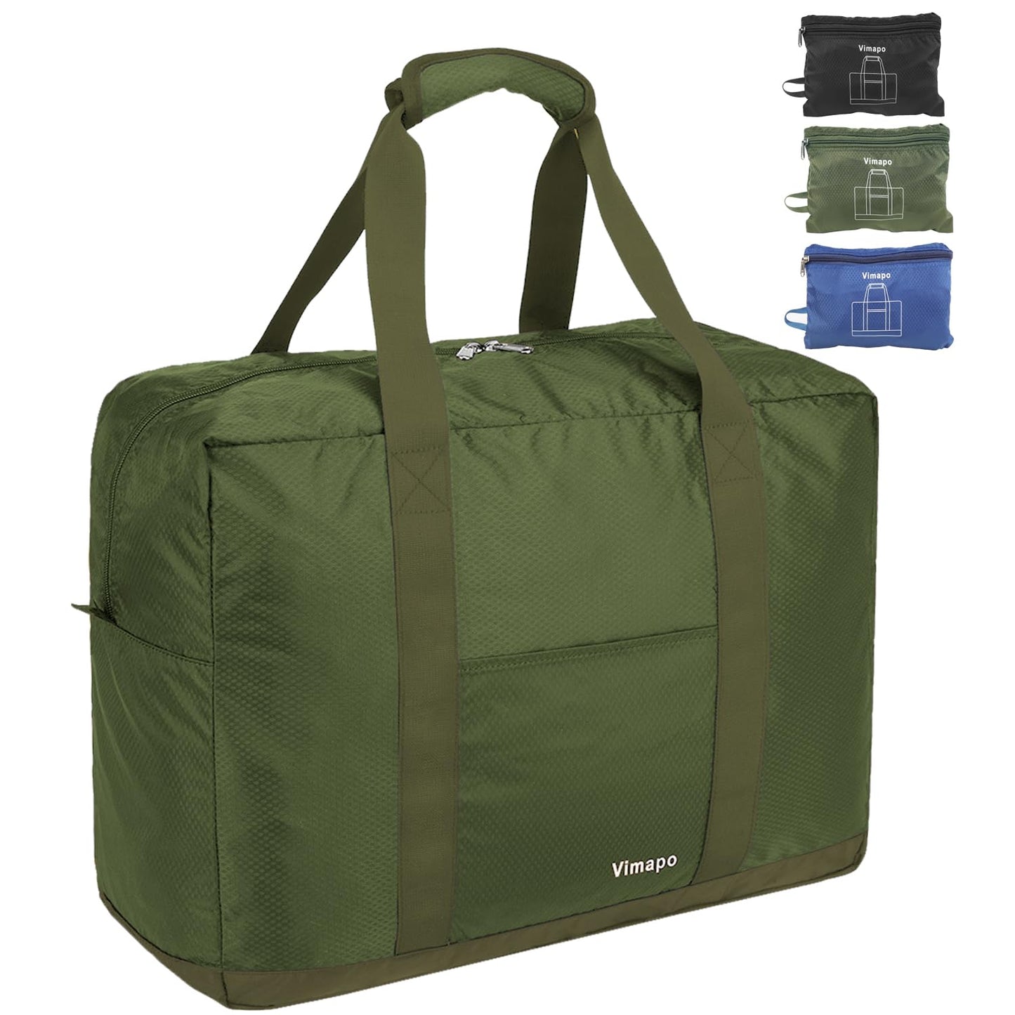 Vimapo Foldable Travel Duffle Bag with Trolley Sleeve 40L - 18x14x8 inches Airline Underseat Lightweight Travel Bag - Packable Ripstop Nylon Carry on Bag (Army Green)