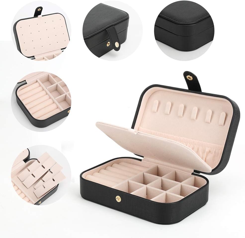 FEISCON Small Jewelry Box Necklace Ring Storage Organizer Mini Jewelry case Double Layer Travel Jewelry Organizer for Women Girls Gift/Black
