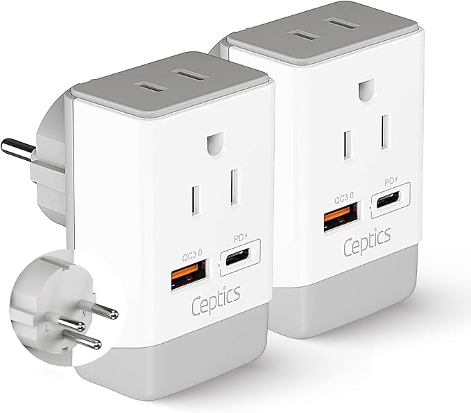 Ceptics Israel Travel Adapter 2 Pack Set, QC 3.0 & PD, Safe Dual USB & USB-C - 2 USA Socket Compact & Powerful - Use in Palestine, Gaza Strip - Type H - AP-14 - Fast Charging (AP-14-2PK)
