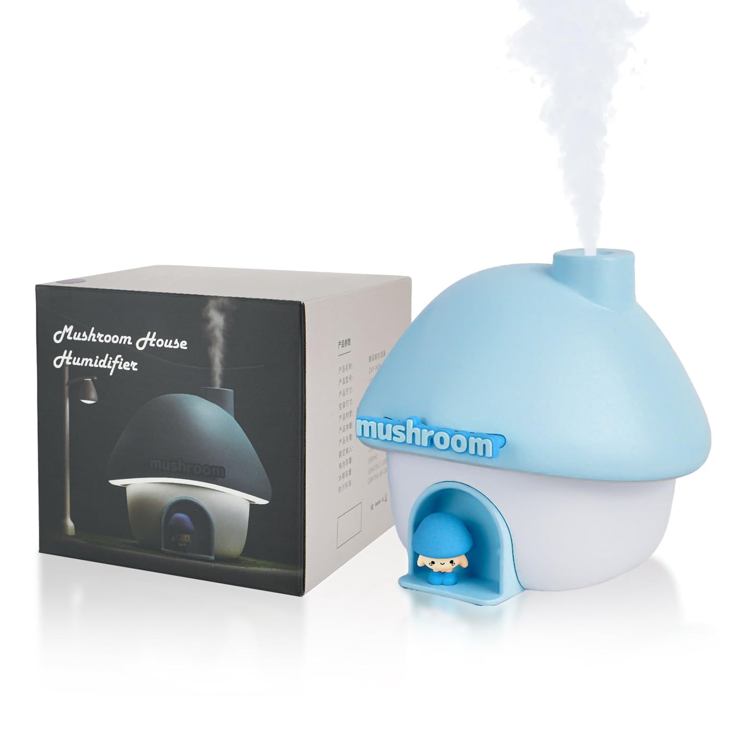Cute Mushroom House Humidifier, 300ml Small Cool Mist Humidifers, USB Rechargeable Mini Portable Air Humidifer with Night Light for Bedroom, Office, Car, Travel, Indoor Plants (Blue)