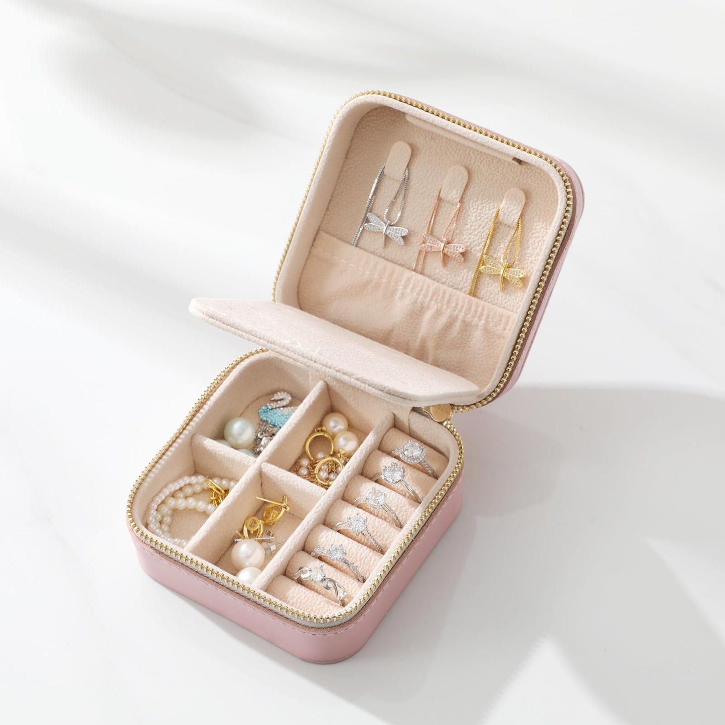 NGVRC Genuine Leather Travel Jewelry Case Organizer with Mirror for Women, Small Jewelry Box Portable Mini Jewelry Case for Earring, Ring, Necklace, Bracelet(Pink)