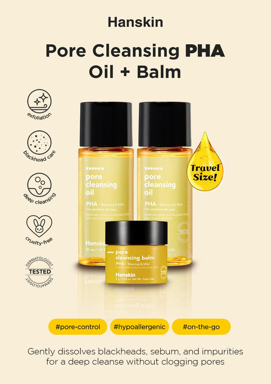 Hanskin PHA Pore Cleansing Oil & Cleansing Balm Mini Set – Travel Size Trial Kit | Gentle Blackhead Care & Makeup Remover for Sensitive Skin | Korean Skincare Gift & Stocking Stuffer (30ml*2 + 8g)