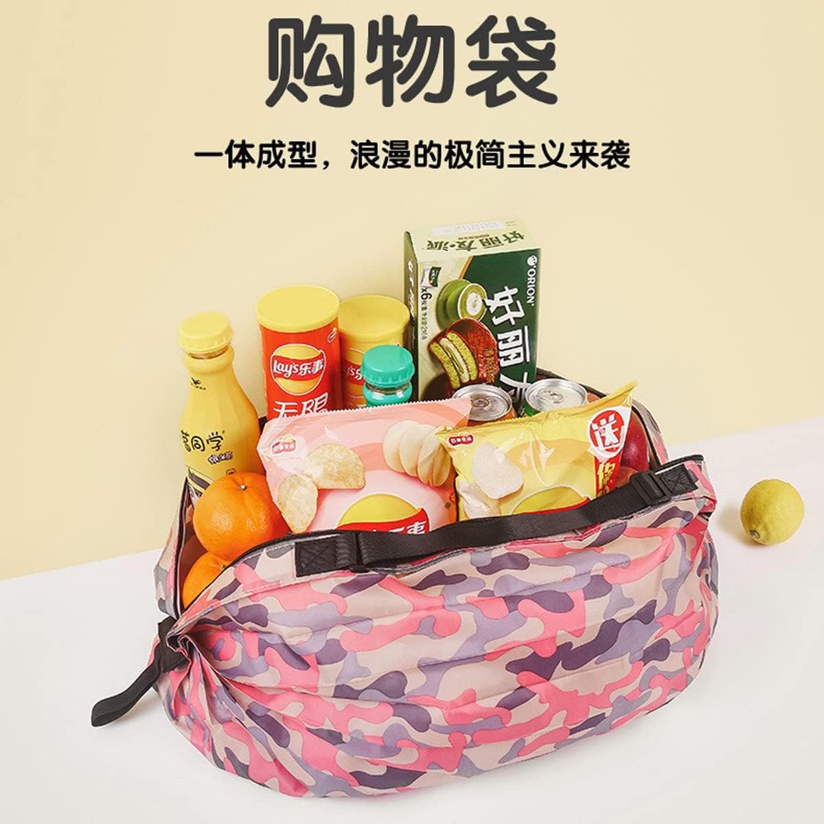 Lllunimon Foldable Reusable Grocery Tote Bags Organ Style Fold Iridescent Large Capacity Portable Shopping Bag - Navy & Pink