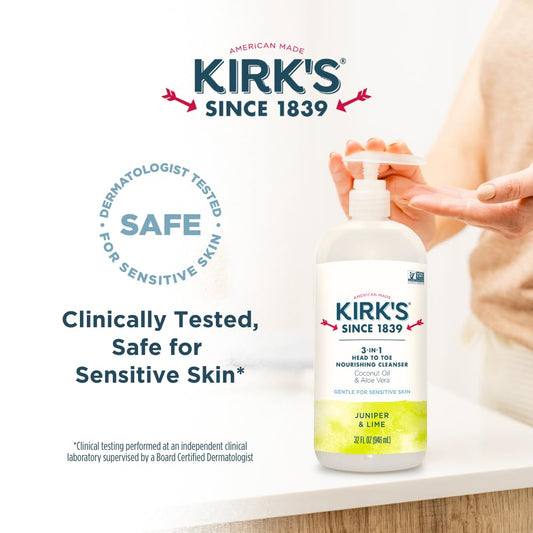 Kirk's 3-in-1 Castile Liquid Soap Travel Size Bar Soap (1.13 oz.) | Head-to-Toe Clean Shampoo, Face Soap & Body Wash for Men, Women & Children | Juniper & Lime Scent | 32 Fl Oz.