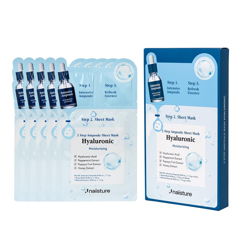 Naisture 3 Step Ampoule Hydrating Sheet Mask Set for Skin Elasticity, Smoothing, and Moisture. Korean Skincare Kit with Ampoule, Mask, and Essence (5 pcs) (Hyaluronic Acid)