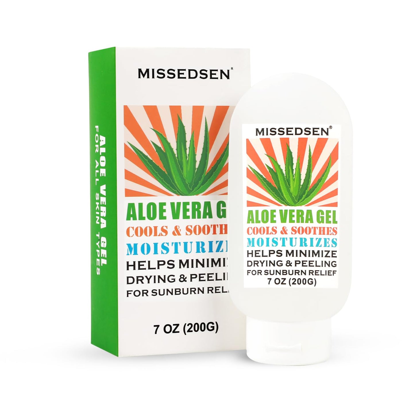 MISSEDSEN Pure & Organic Aloe Vera Gel for Sunburn Relief, After Sun Lotion for Face & Body Skin Care, Daily Facial Moisturizer & Acne Spot Treatment 7 OZ