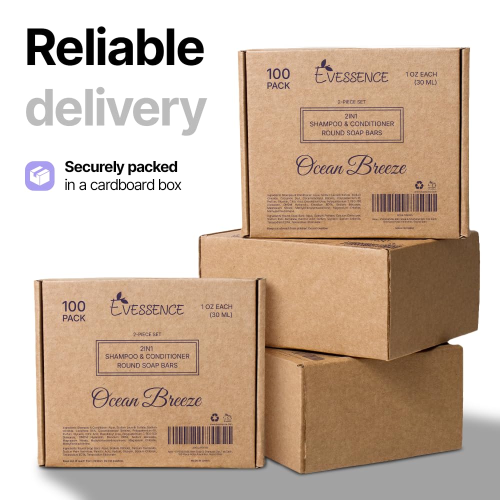 Evessence Bath Soap & Shampoo Set, 1 oz Each, 100 Piece Hotel Amenities, Round Bars