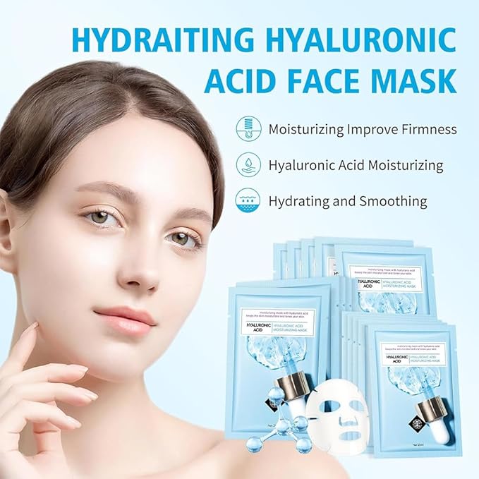 10 Sheets Face Mask Skincare Hyaluronic Acid Face Masks, Hydrating Face Masks Skin Care, Deeping Moisturizing Facial Masks for All Skys Types, Smoothing Party Spa Gift for Women