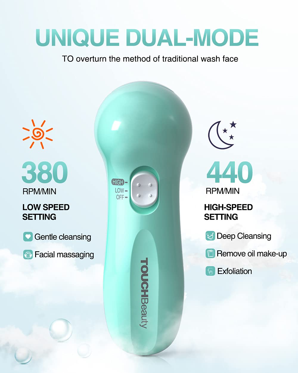 Electric Facial Cleansing Brush for Women, 3-in-1 Face Cleanser and Exfoliator Brush with 3 Brush Heads, 2 Speeds, Waterproof Spin Brush, Portable Travel Case (Green, Battery Operated)