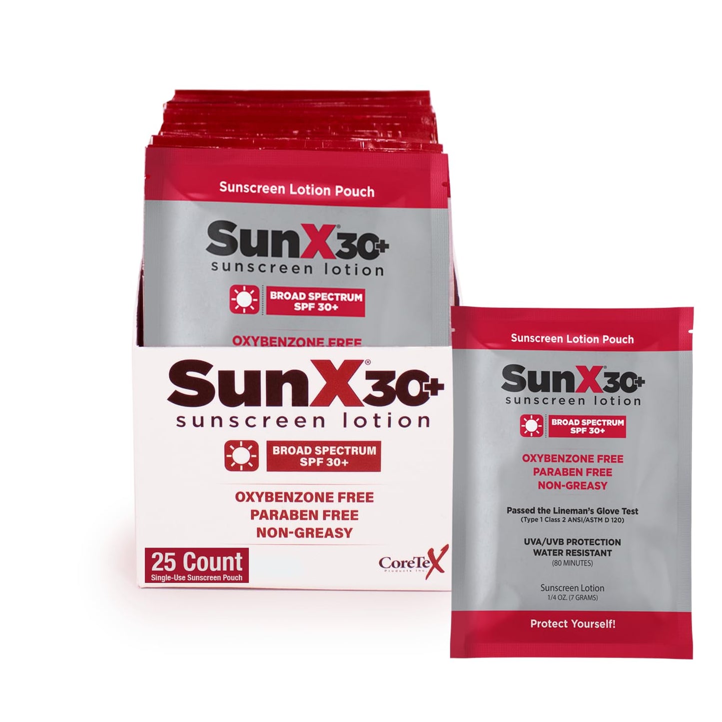 CoreTex Sun X 30+ SPF Individual Sunscreen Packets Travel Size - Pack of 25 Paraben, Oxybenzone, & White Cast Free Broad Spectrum SPF Sunscreen Packets - Water & Sweat Resistant for Up to 80 Minutes