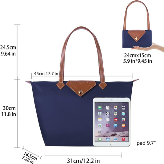 BOJLY Women Tote Bag,Stylish Waterproof Nylon Ladies Shoulder Bag, Folding Beach Travel Bag for Work,Shopping,Blue Large
