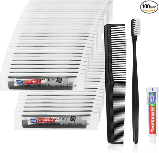 100 Pack Black Disposable Toothbrushes with Toothpaste and Comb Set,10g Toothpaste,7inch Hair Comb,Individually Wrapped Disposable Travel Toothbrushes Kit in Bulk for Homeless,Airbnb,Hotel,Shelter