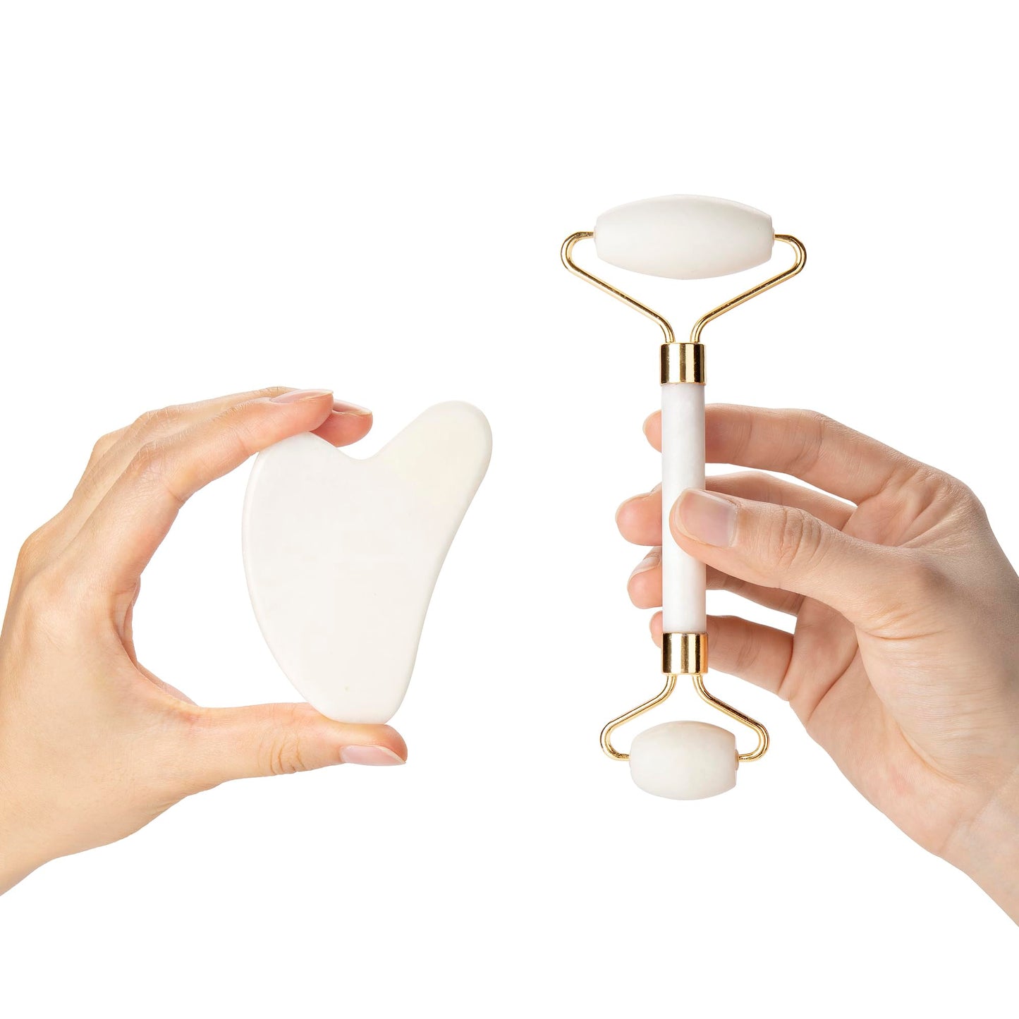 Gua Sha Facial Tools & Jade Roller for Face, Eye & Neck Skin Care, 100% Natural Jade Stone Face Roller Gua Sha Massage Tool, Eye Roller for Puffy Eyes, Facial Self Care Kit for Women (White)