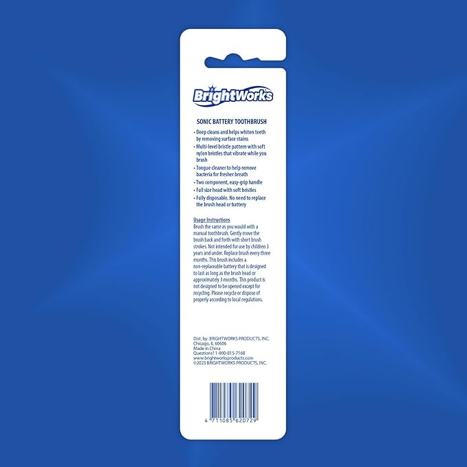 BrightWorks Sonic Battery Powered Toothbrush (2-Pack) (Blue/Purple) Soft Multi-Level Bristles for Whole Mouth, Vibrating Bristles Deep Clean, with Whitening Pads and Tongue Cleaner.