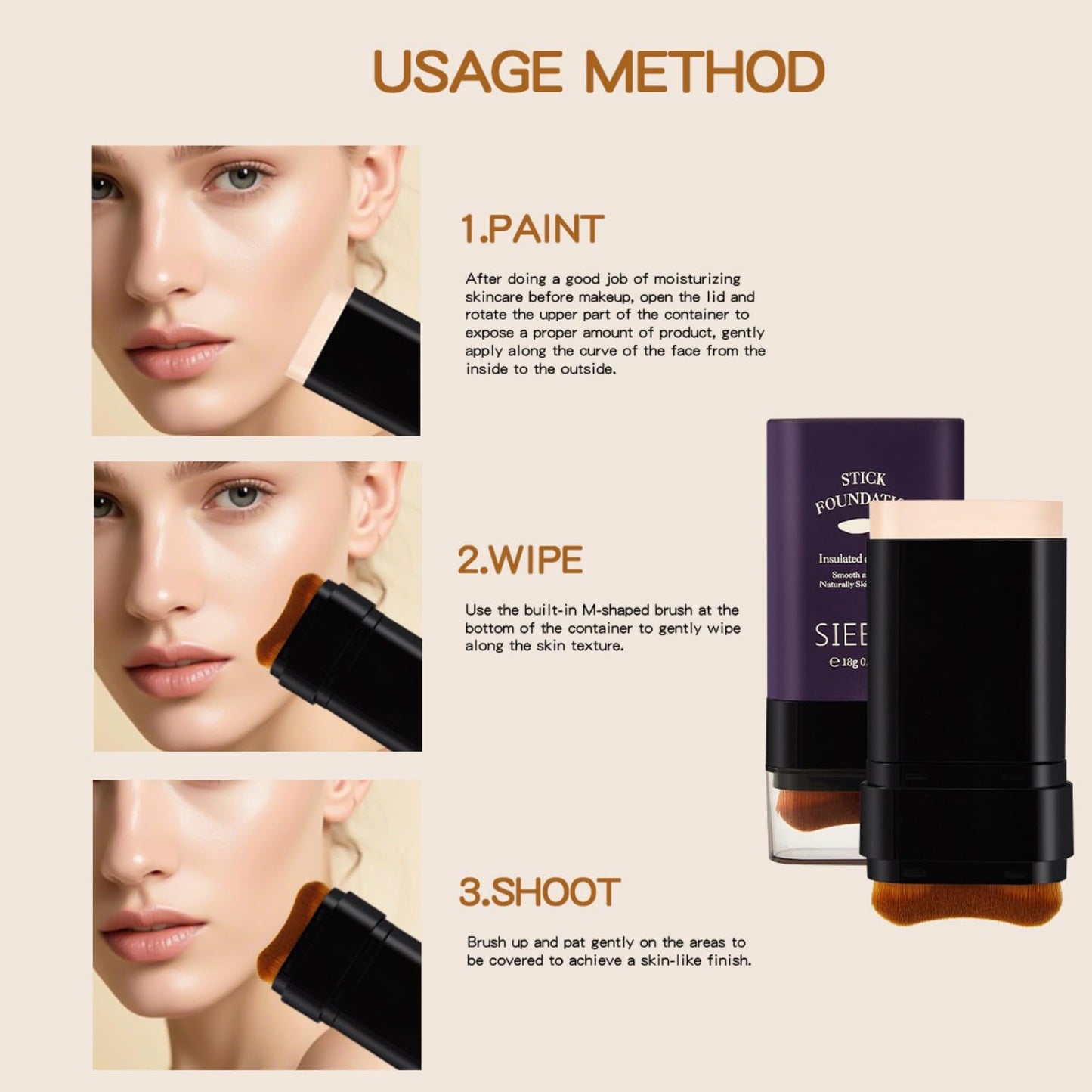 Korean Dual Ended Foundation Stick with Brush, 2 in 1 Concealer Foundation Stick & Contour Makeup, Hydrating Formula - Lightweight, Waterproof, Covers Blemishes (Natural)