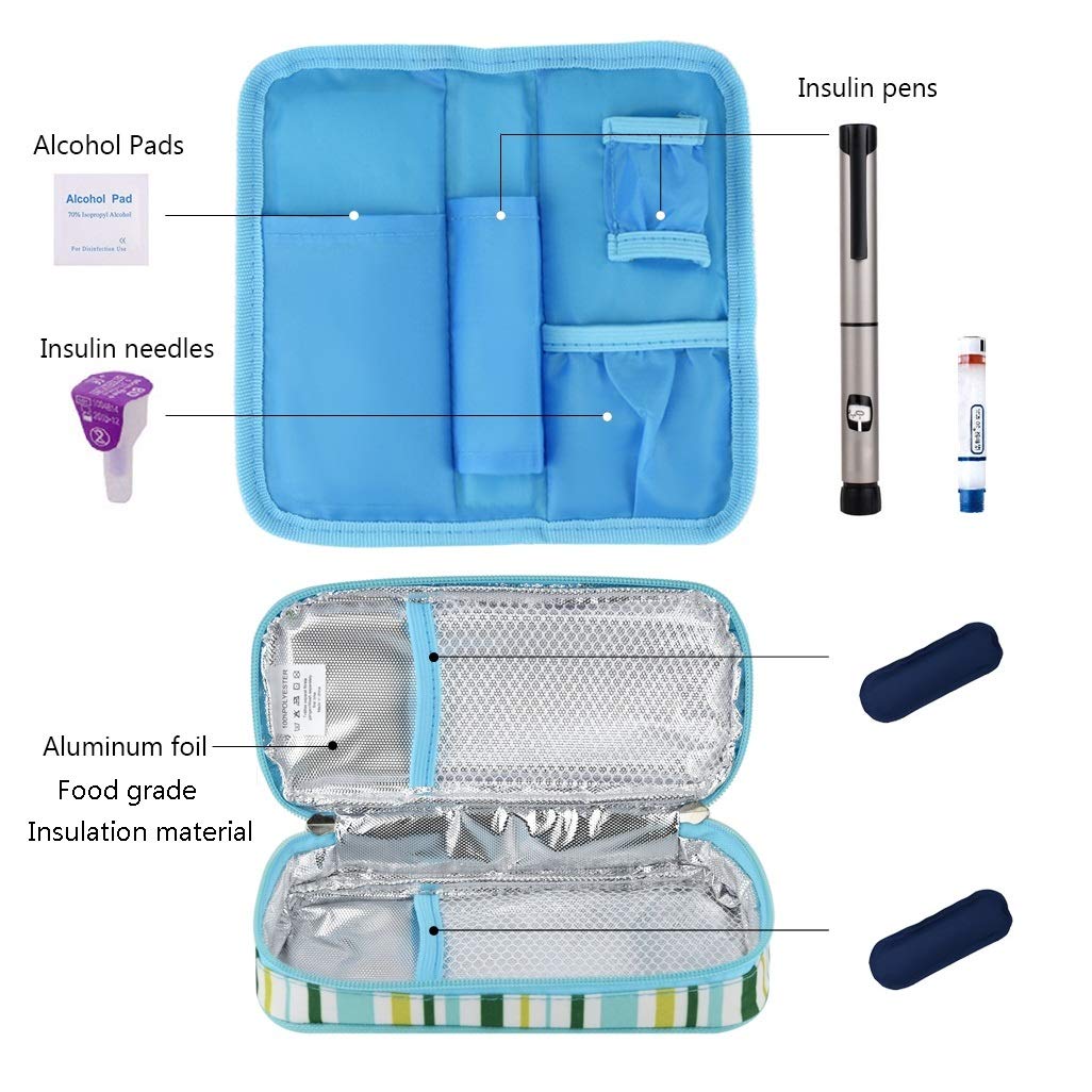Goldwheat Insulin Cooler Travel Case Diabetic Medication Organizer Medical Cooler Bag with 2 Ice Pack Waterproof and Insulation Liner, Light Blue
