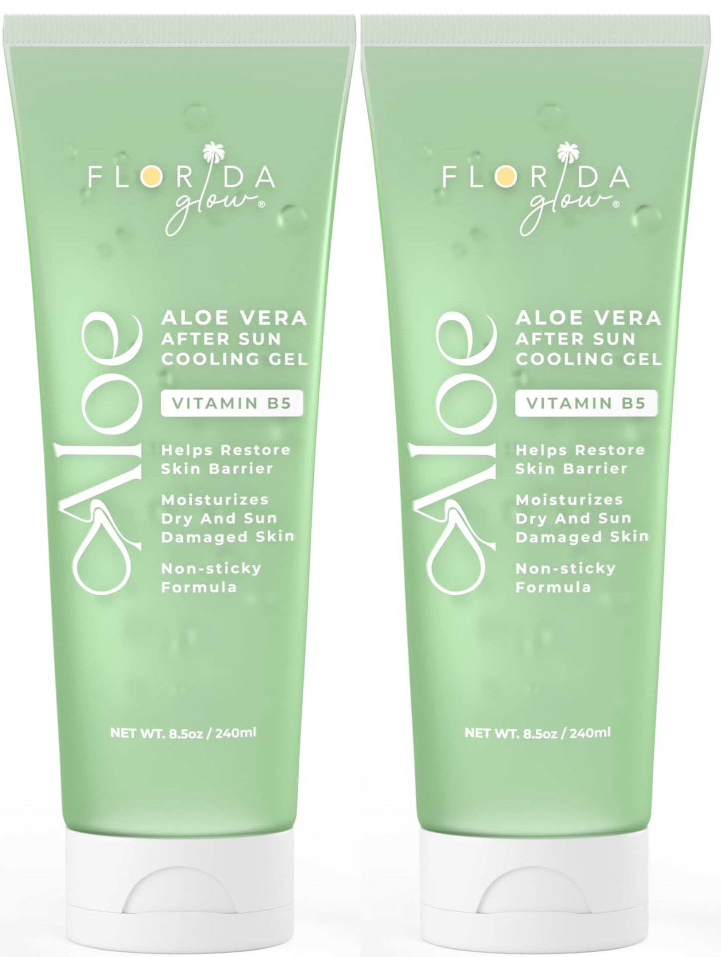 Aloe Vera After Sun Gel by Florida Glow - Pack of 2 Organic Aloe Vera Gel for Sunburn Relief - 98% Pure Aloe Vera Moisturizer for Face, Skin - Enriched with Vitamin B5 Non-Sticky Xanthan Free