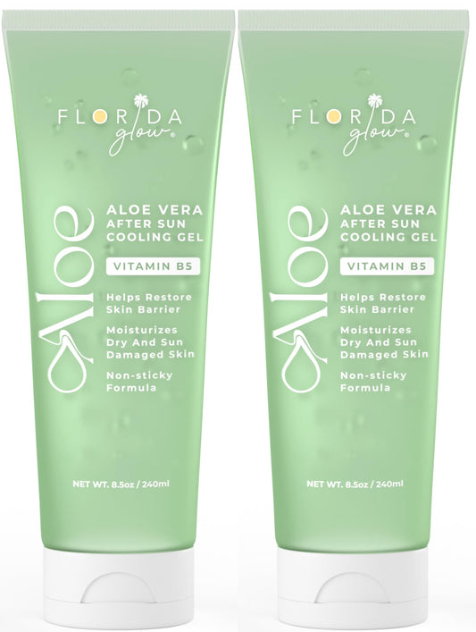 Aloe Vera After Sun Gel by Florida Glow - Pack of 2 Organic Aloe Vera Gel for Sunburn Relief - 98% Pure Aloe Vera Moisturizer for Face, Skin - Enriched with Vitamin B5 Non-Sticky Xanthan Free