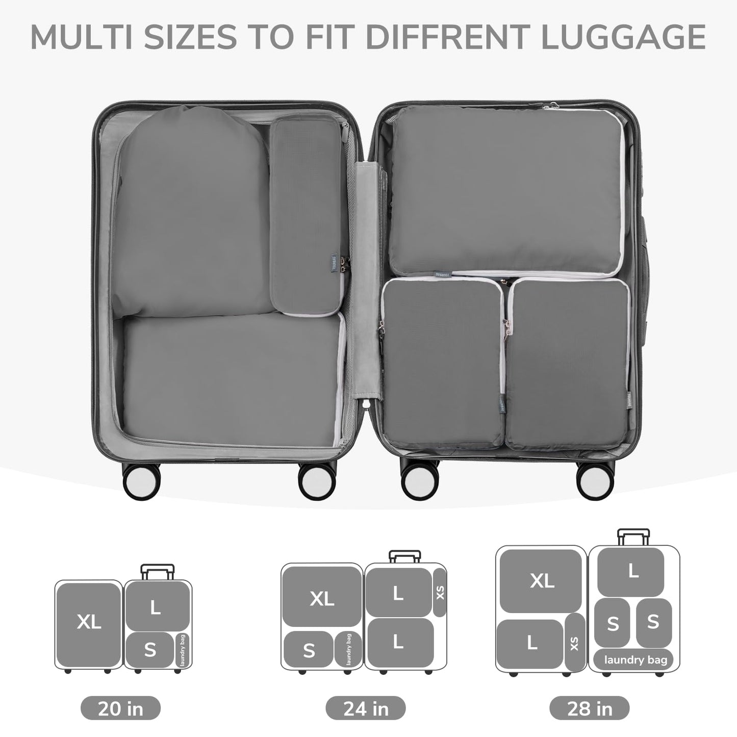 CherryNow Compression Packing Cubes, 7 Set Packing Cubes Compression, Travel Essentials, Travel Organizer for Shoes, Clothing, Grey