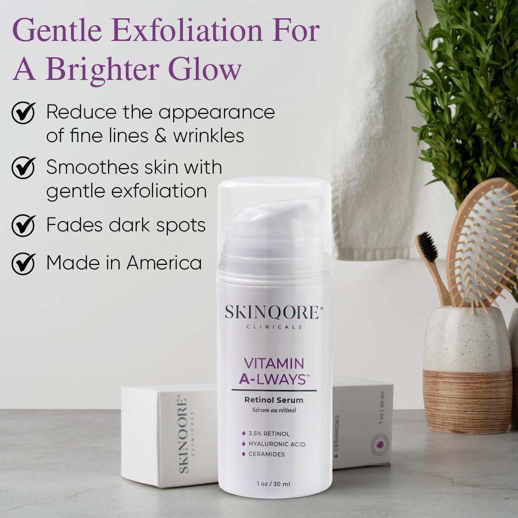 Retinol Serum with Hyaluronic Acid, Ceramides Vitamin A & Antioxidants | Anti Wrinkle Glass Skin Care | Dark Spot Remover for Face | Gently Exfoliates | Fragrence Free & Plant Based - 1 Oz