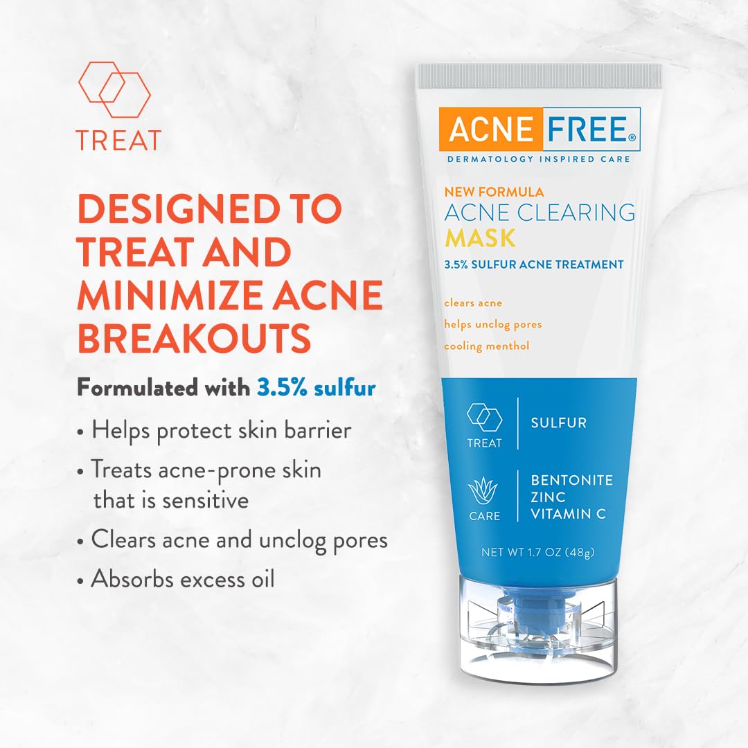AcneFree Acne Clearing Mask, 3.5% Sulfur Acne Treatment, Absorbs Excess Oil and Unclogs Pores with Vitamin C, Bentonite, and Zinc, 1.7 Ounce