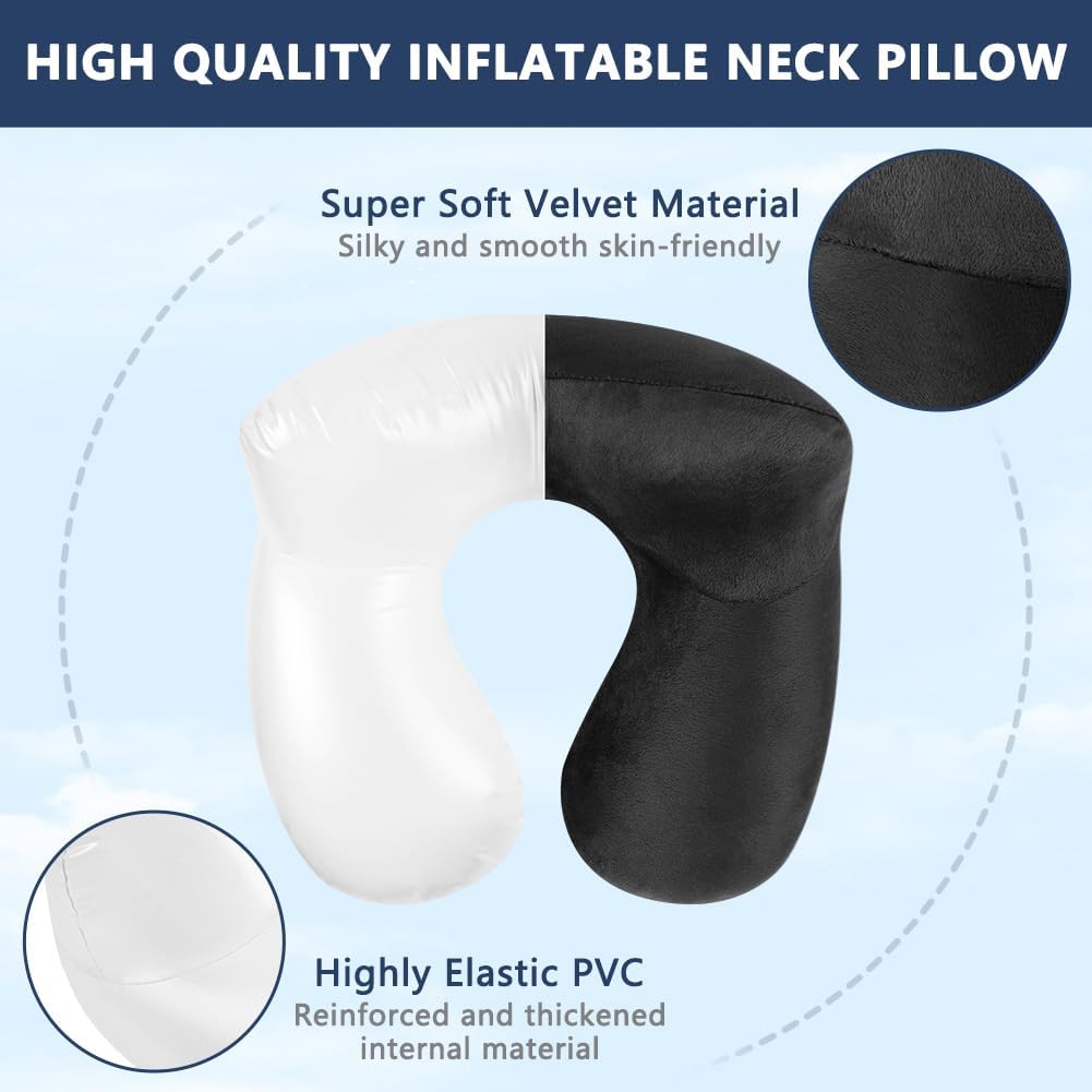 flintronic Inflatable Travel Pillow, Inflatable Travel Pillow for Airplane, Soft Velvet Neck Support, Lightweight Ergonomic Sleeping Neck Pillow for Airplane, Train, Car, Office (Black)