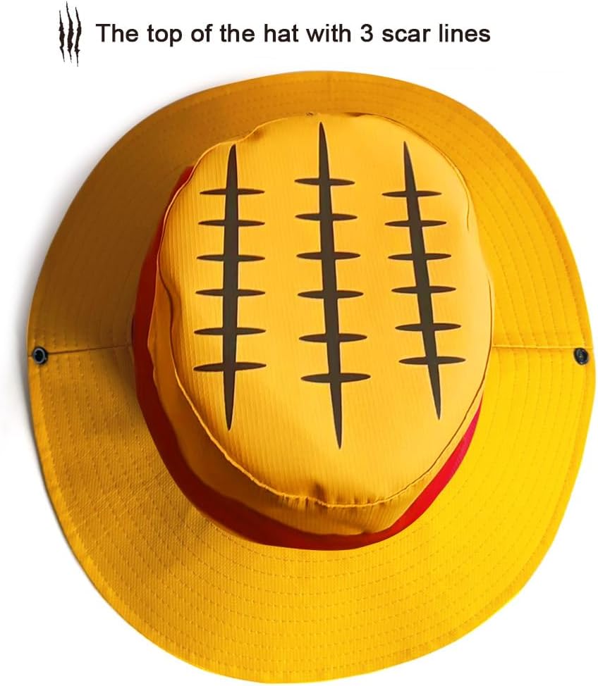 3-in-1 OP Captain Inspired Sun Hat Set - UPF 50+ Foldable Wide Brim Bucket Hat with Adjustable Back Vent + Strawhat Key Case & Enamel Pin, Unisex Waterproof Outdoor Hat for Women/Men