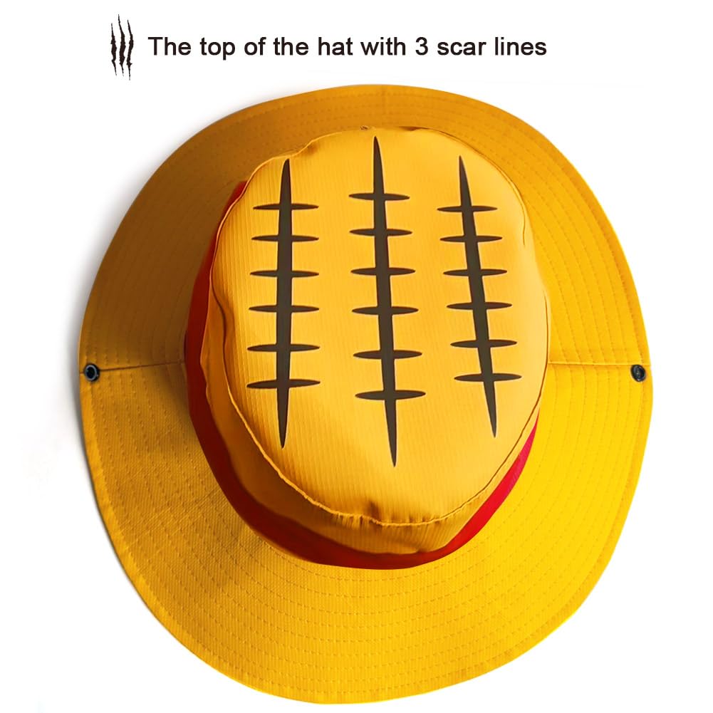 3-in-1 OP Captain Inspired Sun Hat Set - UPF 50+ Foldable Wide Brim Bucket Hat with Adjustable Back Vent + Strawhat Key Case & Enamel Pin, Unisex Waterproof Outdoor Hat for Women/Men