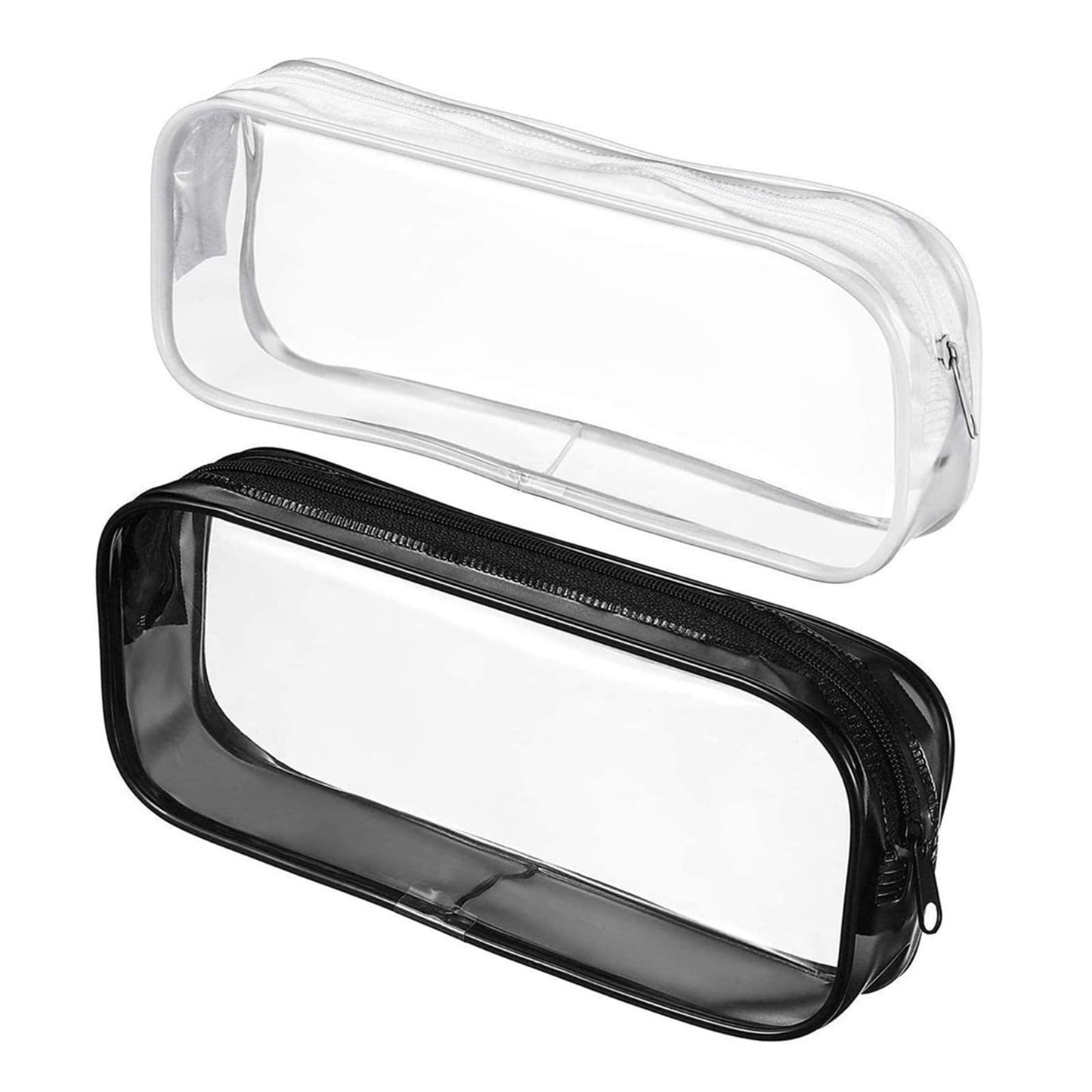 Juxiamal 2pcs Clear Cases with Zipper, Multi-use Travel Makeup Brush Bags Toiletries Exam Pouch Case Travel Luggage Make up Cosmetic Bag (Black and White)