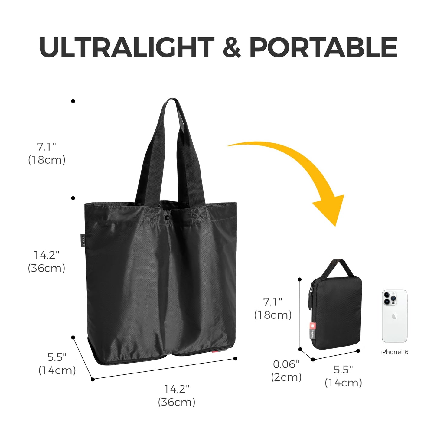 pack all 16L Lightweight Packable Tote Bag, Water Resistant Foldable Grocery Bag, Reusable Shopping Bag (Black)