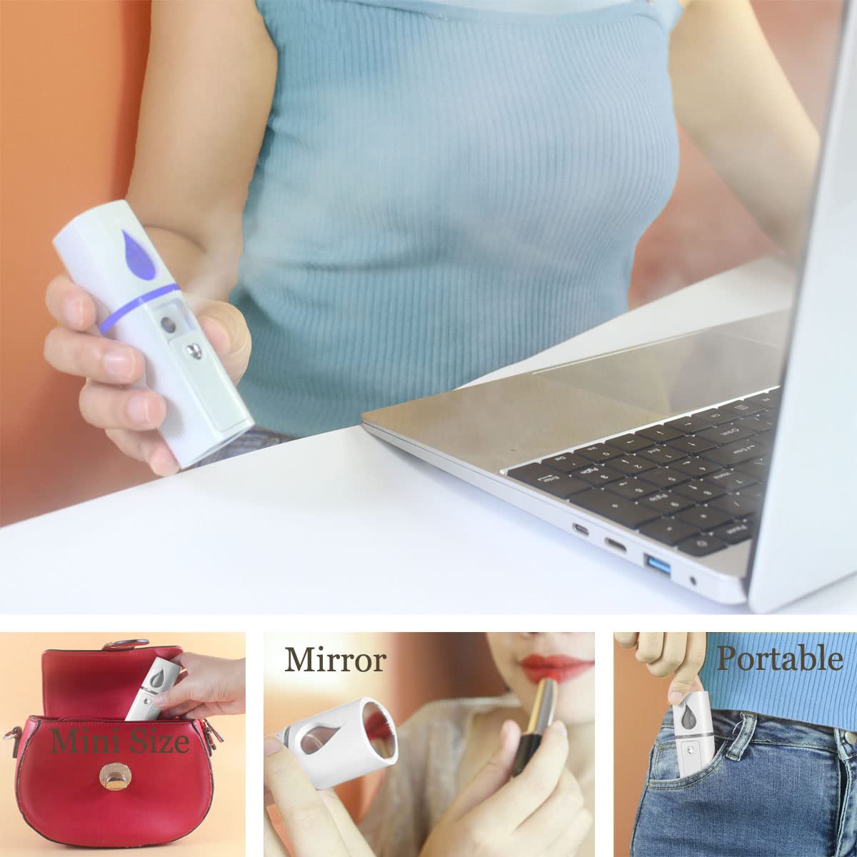 Nano Facial Mister Portable Mist Sprayer with Mirror Mini Cool Mist Spray for Skin Care & Facial Body Moisturized & Eyelash Extensions, USB Rechargeable (White)