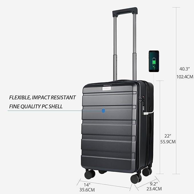KROSER Carry On Luggage with Spinner Wheels & Built-in TSA Lock, Expandable Top Loading Hard Shell Suitcase Large Capacity Durable Rolling Luggage with USB Port, Carry-On 20-Inch, Steel Grey