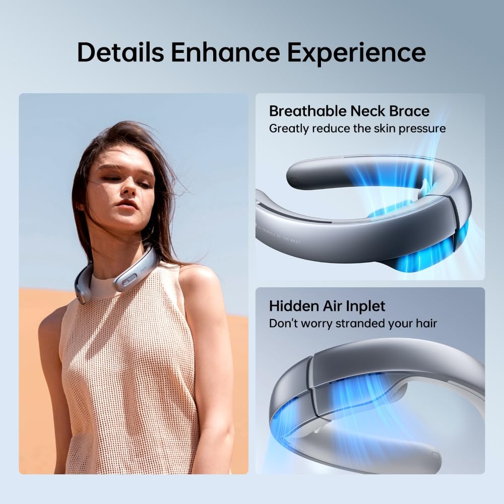 JISULIFE Portable Neck Fan, Upgraded 100 Speeds Personal Bladeless Fan Wearable with Neck Brace, LED Display, 5000mAh Rechargeable Battery Operated, Gifts for Women Men-Grey