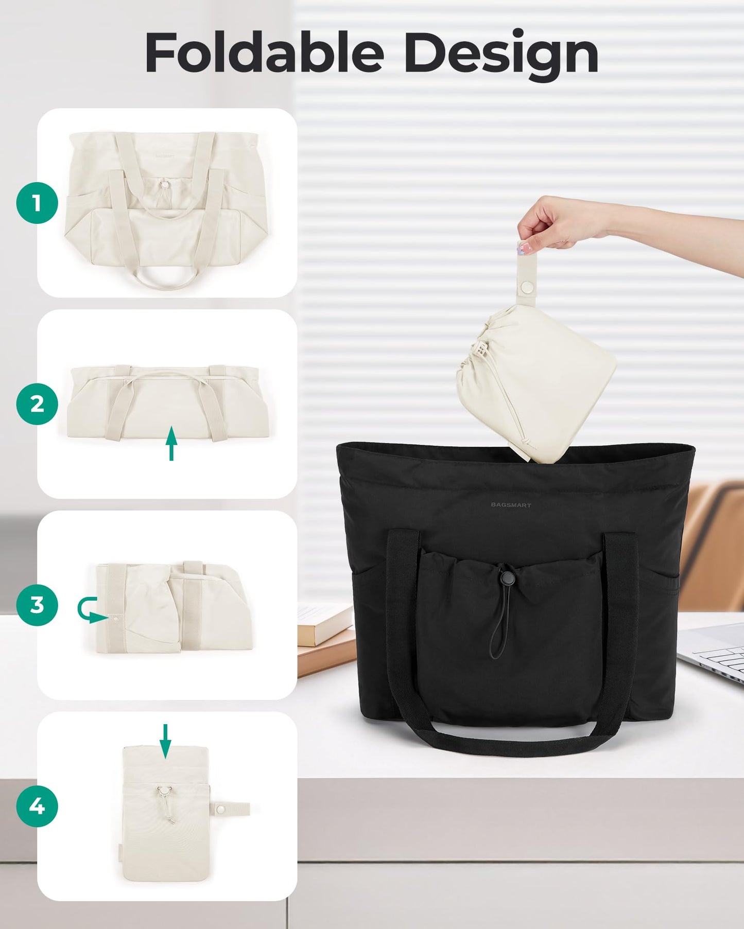 BAGSMART Foldable Tote Bag with Drawstring Bag, Large Tote Bag Shoulder Bag Top Handle Handbag for Travel, Work, Beach, Gym