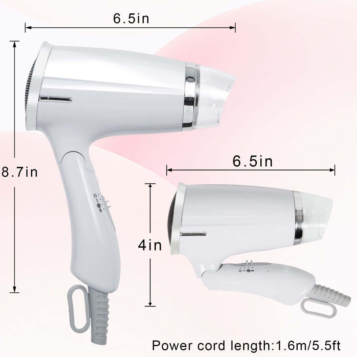 Travel Hair Dryer Folding Hair Blow Dryer Compact Travel Blow Dryer Portabel Small Hair Dryer Heat Settings Lightweight Mini 8x7inch Low Noise (White)