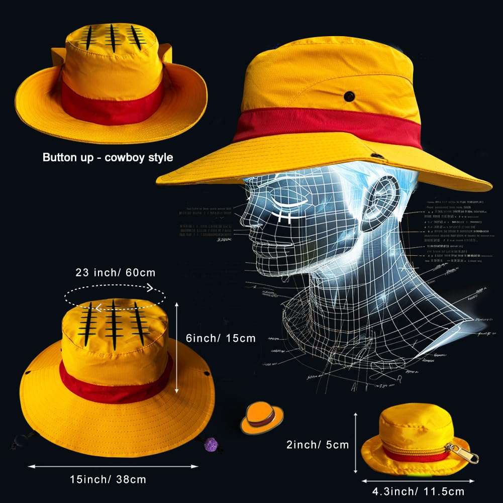3-in-1 OP Captain Inspired Sun Hat Set - UPF 50+ Foldable Wide Brim Bucket Hat with Adjustable Back Vent + Strawhat Key Case & Enamel Pin, Unisex Waterproof Outdoor Hat for Women/Men