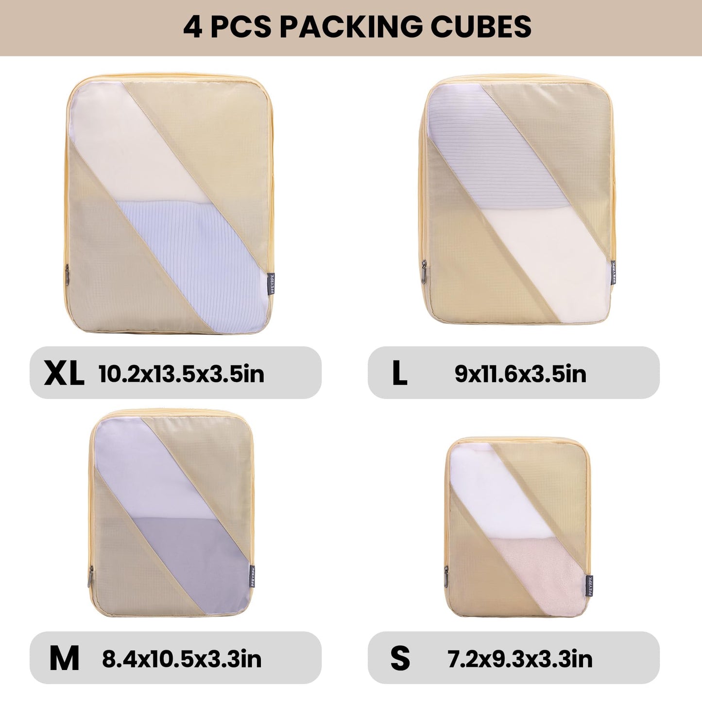 PFEYRPK Travel Packing Cubes, Compression Organizer Set of 4, Lightweight Storage for Suitcase, Vacation, Business Trips (Khaki)