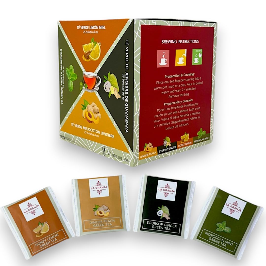 Herbal Wellness Caffeinated Green Tea Collection 100 Ct Variety Sampler Pack 4 Flavors: Honey Lemon, Moroccan Mint, Soursop Ginger, Ginger Peach, Eco Friendly Teabags Non GMO Sugar Free Keto