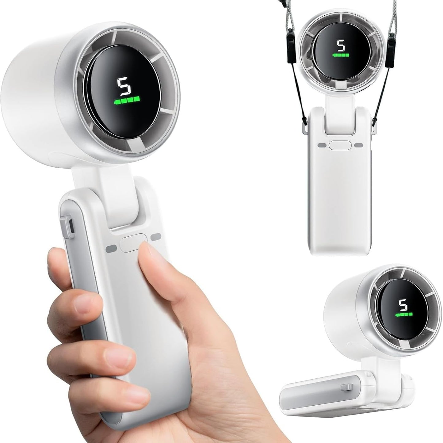 Huinechno Handheld Fan, Rechargeable Personal Fan, High-Power Motor, LED Display, Small Pocket Fans for Travel/Cruise/Beach (White)