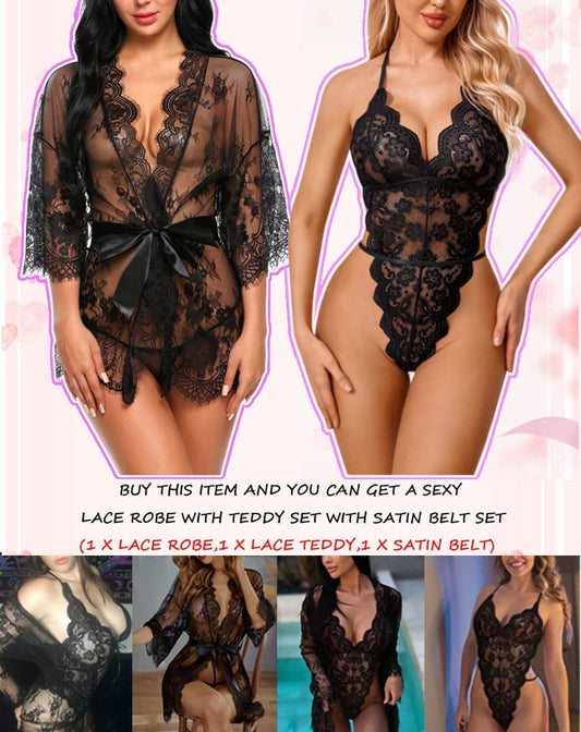 Avidlove Women Sexy Bridal Lingerie Set 2 Piece Lace Robe With Sheer Teddy Babydoll Bodysuit