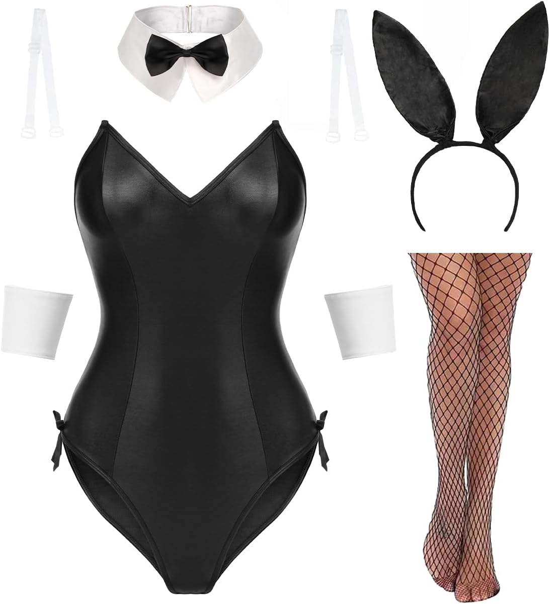 Avidlove Sexy Lingerie for Women Bunny Costume lingerie set Halloween One Piece Bodysuit Stockings Set Black Small